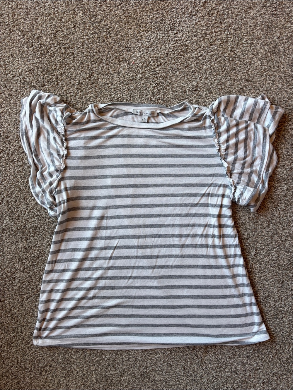 Green Envelope Gray & White Striped Ruffle Sleeve Tee Shirt